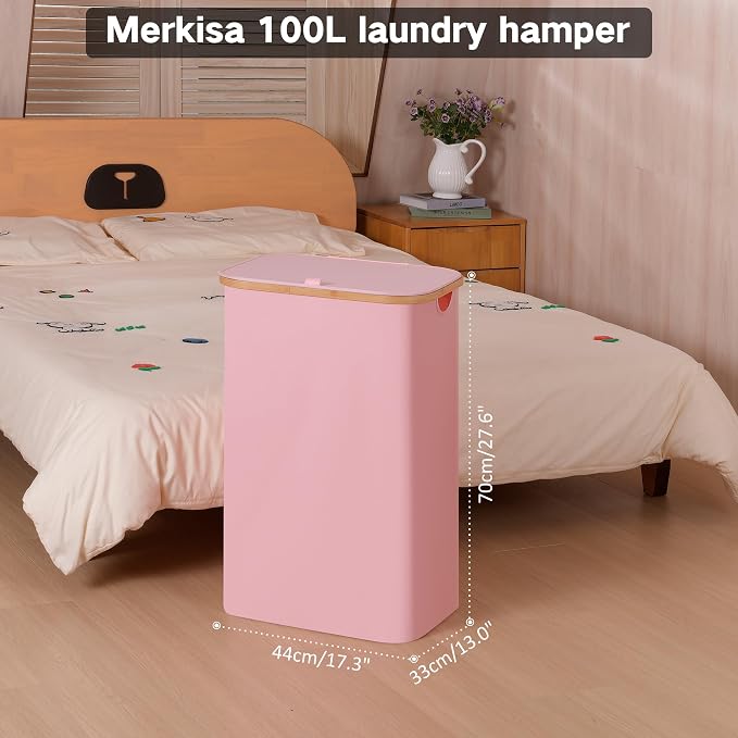 100L Laundry Hamper with Lid, Lagre Basket with Bamboo Handles, Foldable - Image 3