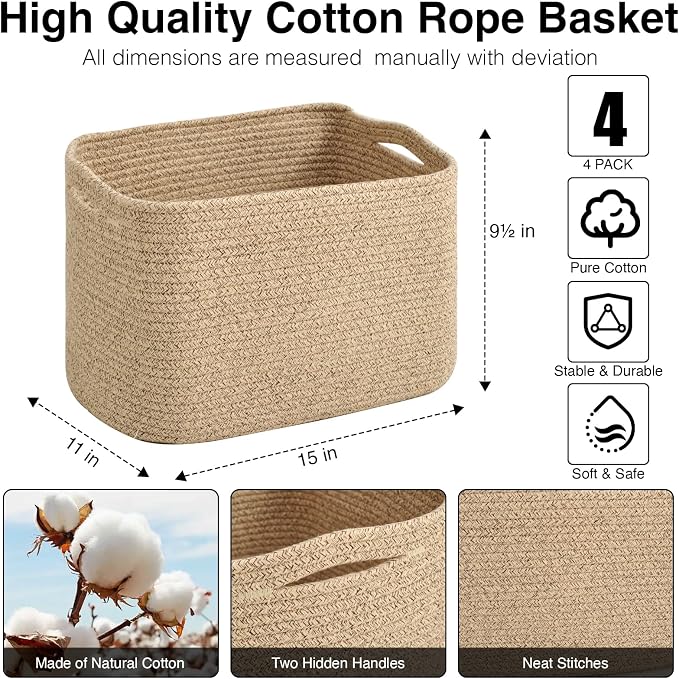 Storage Baskets for Organizing & Shelves, Woven Cotton Rope Organization Bins - Image 3