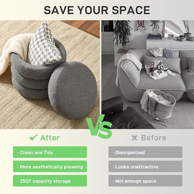 Round Ottoman with Storage Boucle Ottoman Stool Removable Lid - Image 5