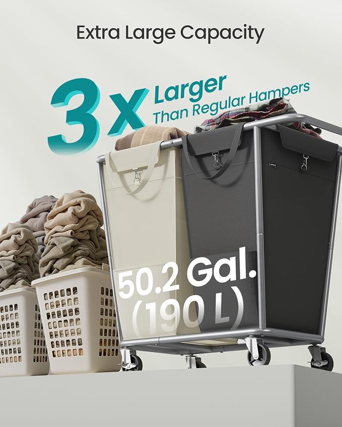 SONGMICS Laundry Basket with Wheels, 50.2 Gallons, 2-Section Rolling Laundry - Image 3