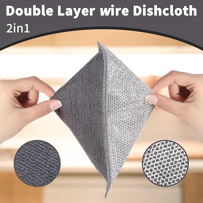 2 in 1 Stainless Steel Scrubber & Microfiber Cleaning Cloth, 10 Pack Towel & - Image 3