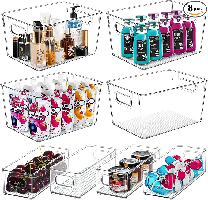 Set Of 8 Clear Pantry Organizers Bin, 4 Large and 4 Small Stackable Organizing by QILINBA