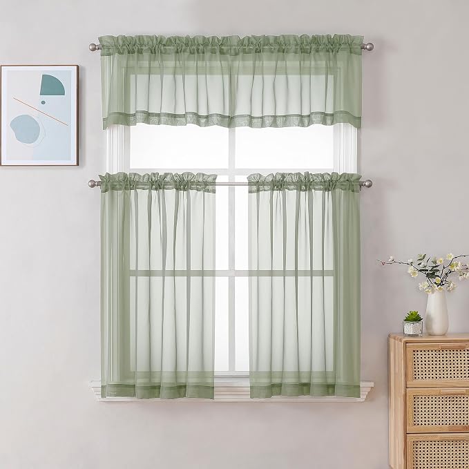 Chyhomenyc Sage Green Sheer Curtains 30 inch Length 2 Panels, Light Filtering - Image 2