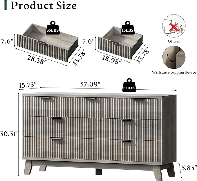 Fluted Dresser with 7 Drawers, Wooden Dresser TV Stand, Wood Closet Clothes - Image 2