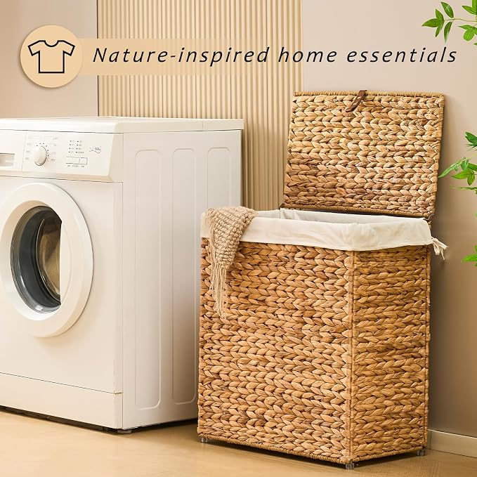 Handwoven Laundry Basket with Lid, Natural Water Hyacinth Storage Basket with - Image 3