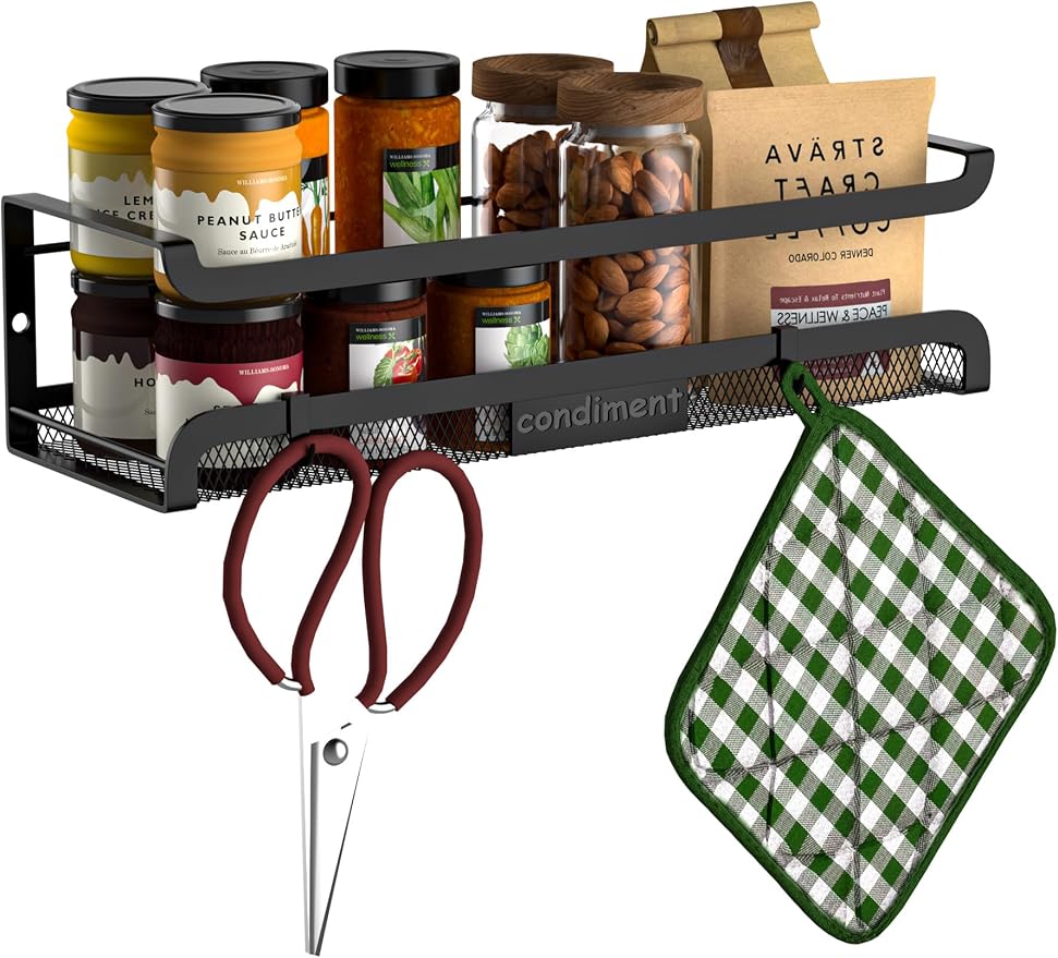 Spice Rack Wall Mount with Hooks by Couwilson