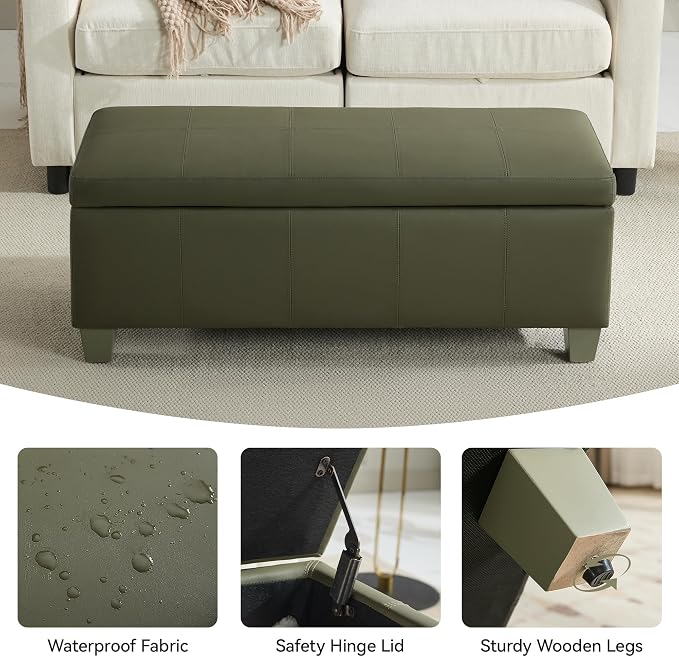 41" Faux Leather Storage Ottoman, Stitch Tufted Rectangle Upholstered End of - Image 5