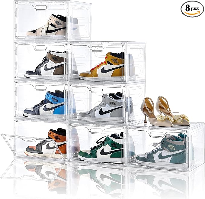 8 Pack Shoe Boxes Clear Plastic Stackable, Large Shoe Storage Organizer by Amllas