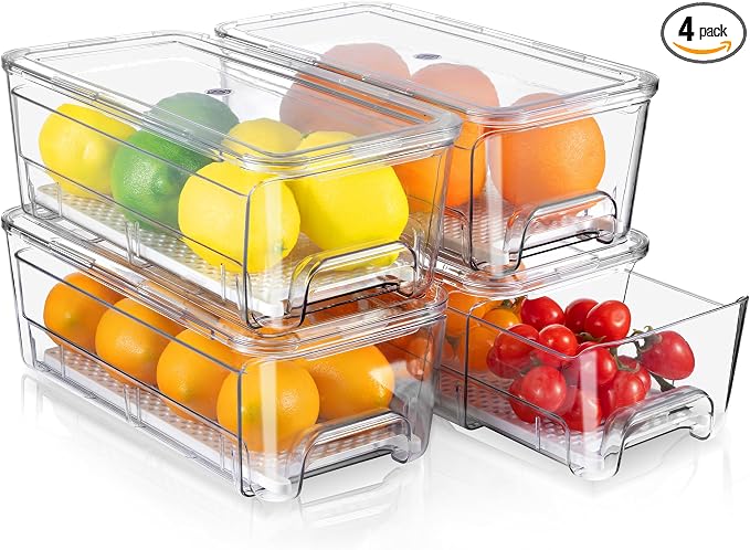4 Pack Fridge Organizer Drawers, Stackable Pantry Organizers and Storage by MIUKAA