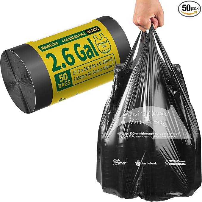 Small Trash Bags with Handles 2.6 Gallon 50 Count Black by KeenEcho