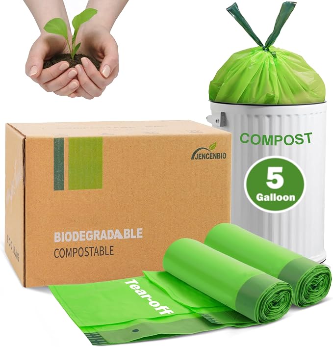 Compost Bags 5 Gallon with Drawstring Tear Off 20 Liter Extra Thick 0.78 Mils by JENCENBIO