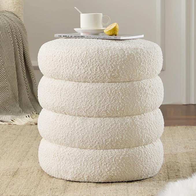 Round Ottoman with Storage Boucle Ottoman Stool with Storage Removable Lid by Krcix