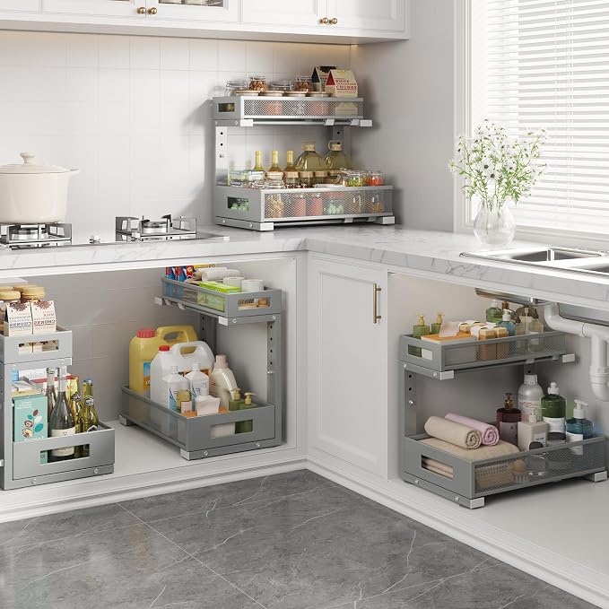 1 Pack-11.4"-16.14" H Under Sink Storage Organizer, Large 2-Tier Elegant Mesh - Image 6