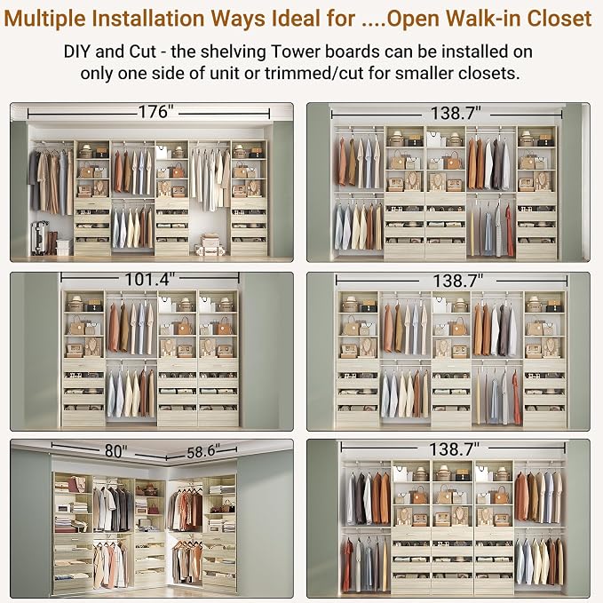 Aheaplus Closet System Set of 3, 138.5" Wood Closet Organizer System Tower - Image 4