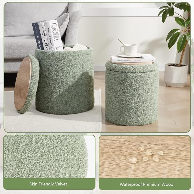Boucle Round Ottoman with Storage Set of 2, Small Foot Stool Ottoman - Image 6