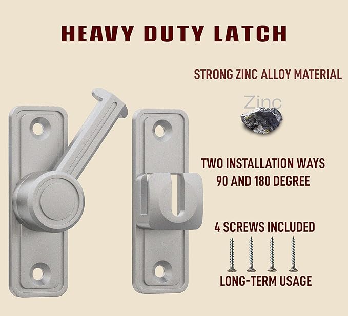 Barn Door Privacy Latch, 90°/180° Swing Slide Lock, Zinc-Alloy, Adhesive or - Image 4