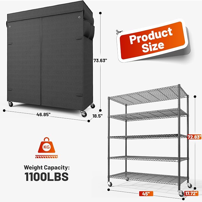 REIBII 45''W Storage Shelves Waterproof Metal Shelving Cover Dustproof Wire - Image 3