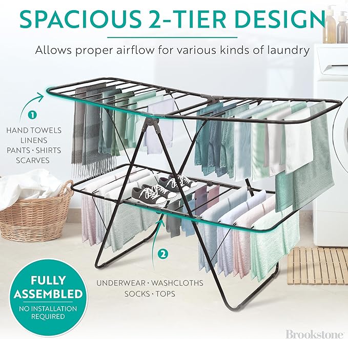 Brookstone 2 Tier Folding Rack – Indoor/Outdoor Collapsible Clothes Dryer Stand - Image 3