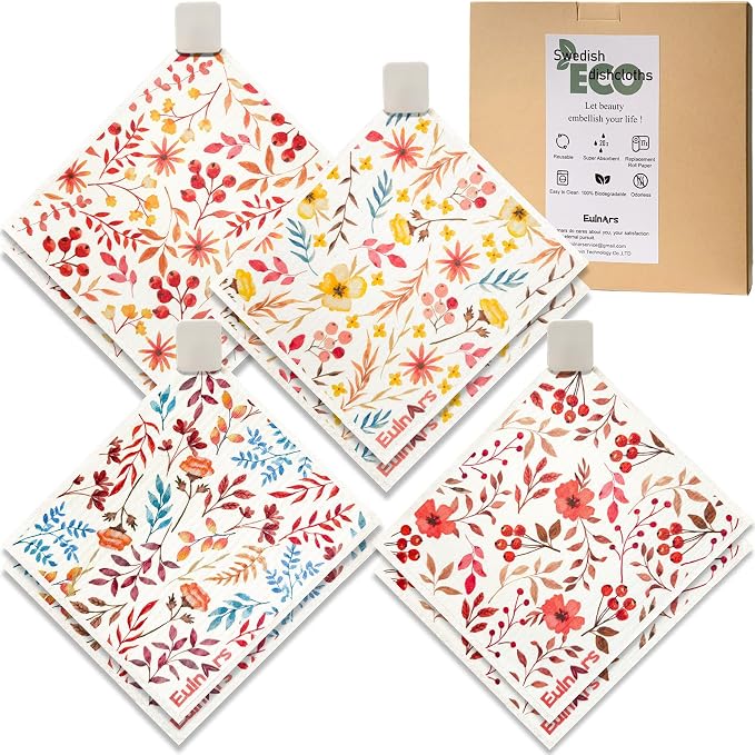 Swedish Dishcloths for Kitchen, 8 Pack Watercolor Reusable Paper Towels by Eulnars
