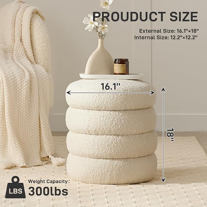 Round Ottoman with Storage Boucle Ottoman Stool with Storage Removable Lid - Image 3
