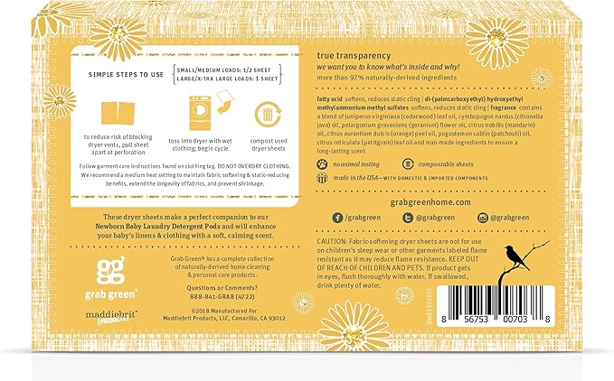 Grab Green Newborn Baby Dryer Sheets, 40 Sheets, Chamomile Scent, Plant and - Image 2