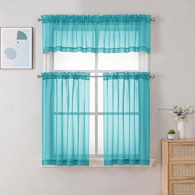 Chyhomenyc Turquoise Sheer Curtains 36 inch Length 2 Panels, Light Filtering - Image 2