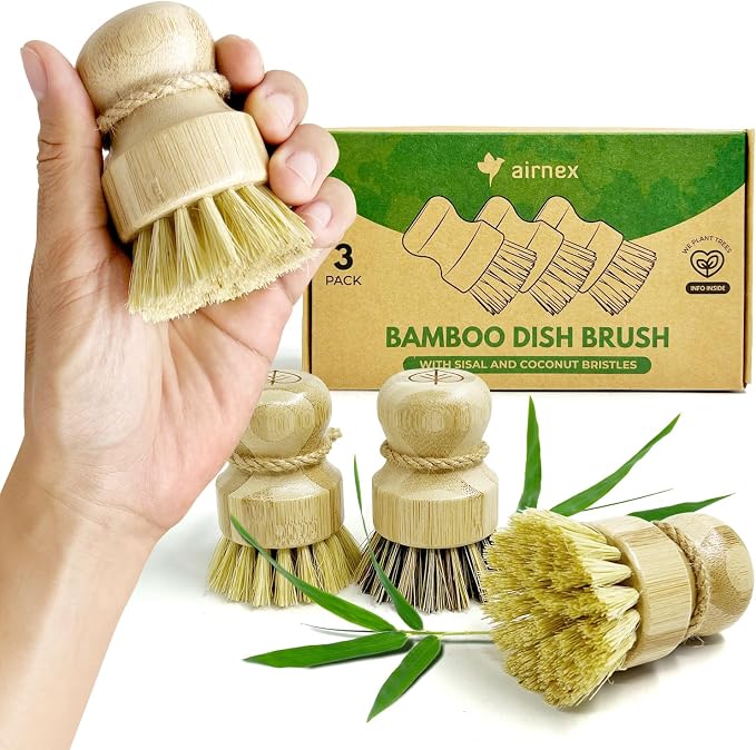 Bamboo Dish Brush Set of 3-100% Plastic Free Kitchen Scrubber by Airnex