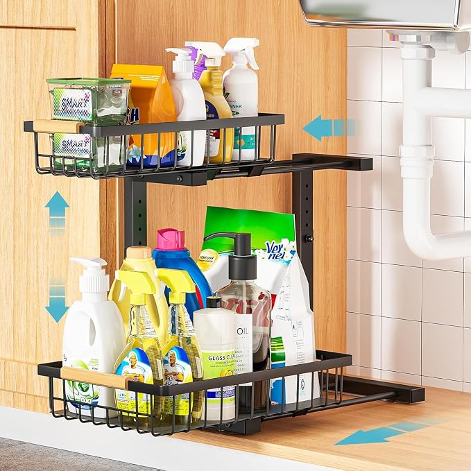 Under Sink Organizer Storage 1 pack, 2 Tier Slide Out Height Adjustable Pull by Liuoud