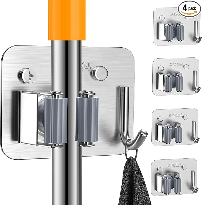 4 Pack Stainless Steel Mop and Broom Holder Wall Mount by Unknown