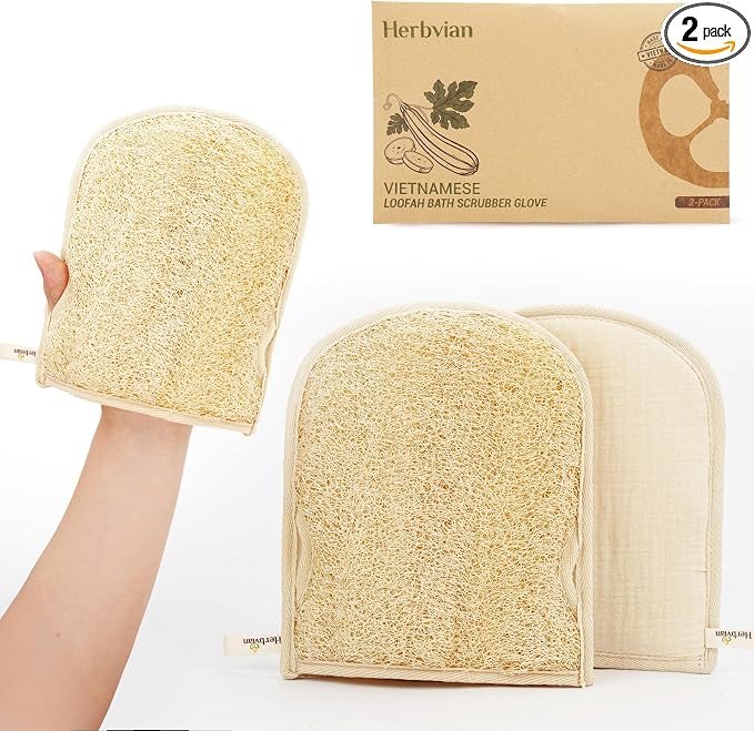 Premium Vietnamese Natural Loofah Gloves – Exfoliating Body Scrubber Mitts by Herbvian