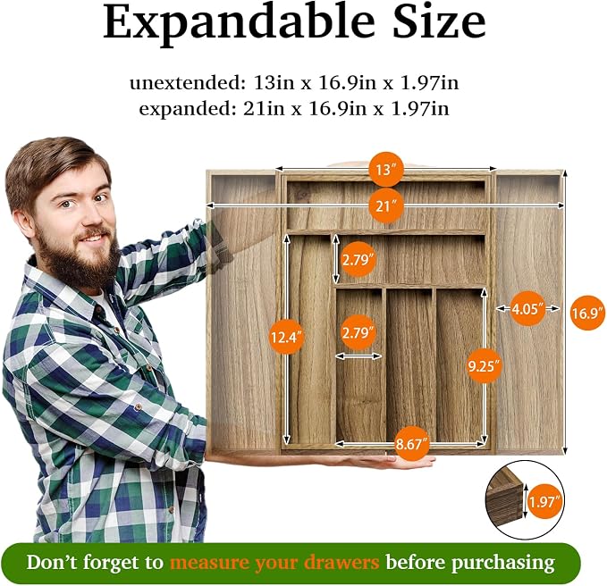 Acacia Wood Kitchen Silverware Drawer Organizer, Expandable Utensil Cutlery - Image 2