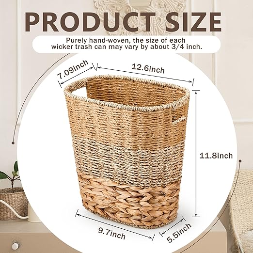 2 Pcs Wicker Trash Can with 50 Small Trash Bag Wicker Waste Woven Basket with - Image 2