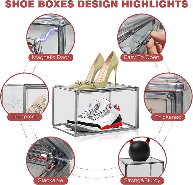 4 Pack Grey Shoe Storage Boxes Clear Plastic Stackable Shoe Display Case - Image 3