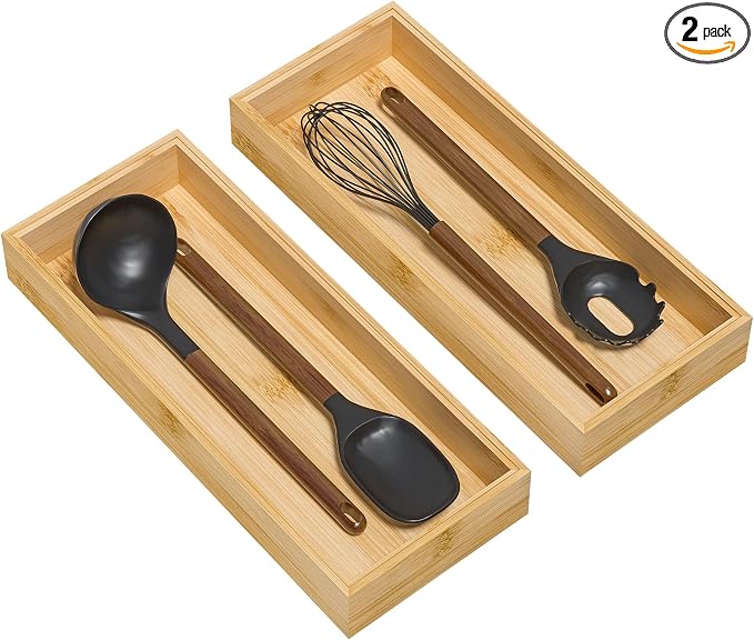 Bamboo Kitchen Drawer Organizer, Stackable Utensil Holder Silverware Organizer by Lixple