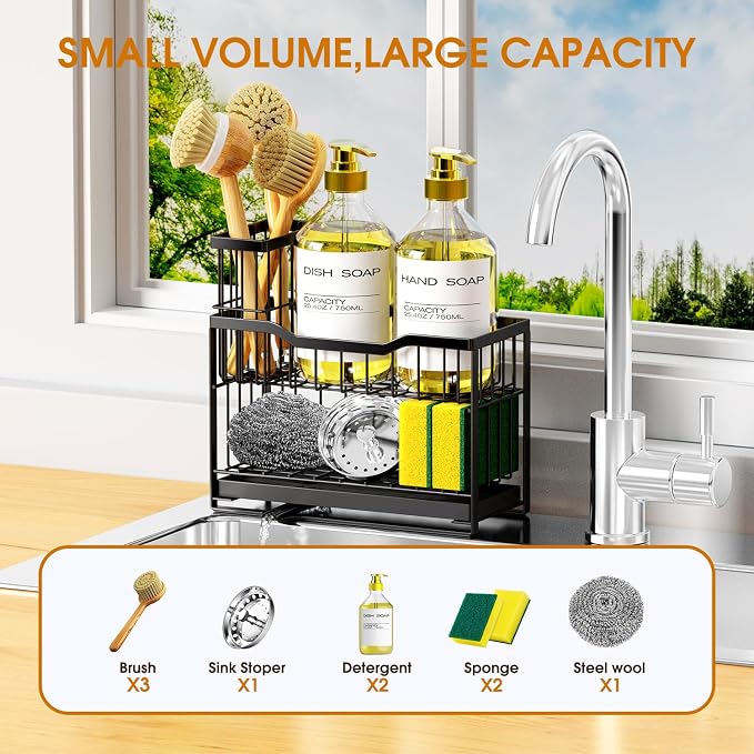 2-Tier Kitchen Sink Caddy with High Brush Holder&Self-Draining Tray, - Image 7