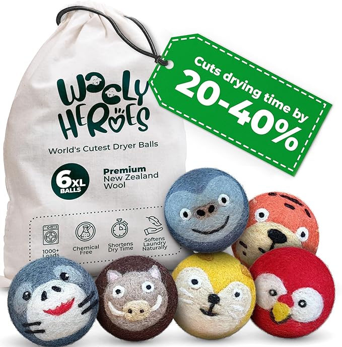 No More Dryer Sheets! Reusable Wool Dryer Balls XL 6-Pack by WOOLYHEROES