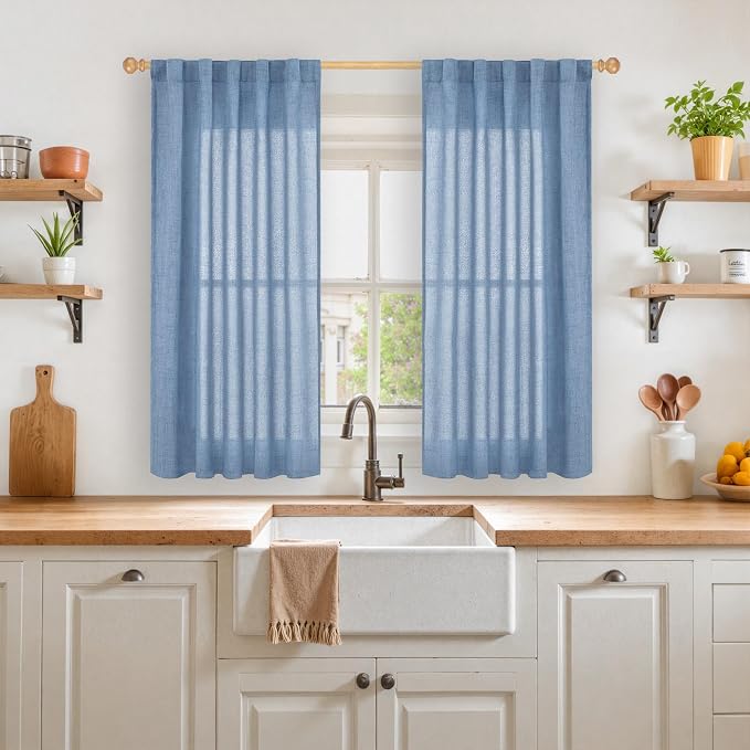 YoungsTex Denim Blue Short Linen Curtains 45 Inches Length - Image 2