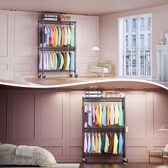 IZEUK 3 Tier Heavy Duty Rolling Garment Rack Wire Clothes Rack - Image 2