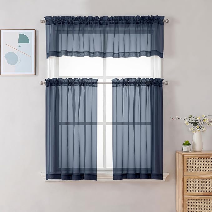 Chyhomenyc Navy Blue Sheer Curtains 30 inch Length 2 Panels, Light Filtering - Image 2