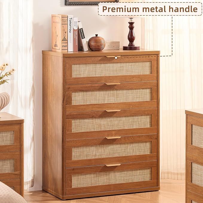 LEYAOYAO Dresser for Bedroom, Modern 5 Drawers Boho Rattan Dressers - Image 7