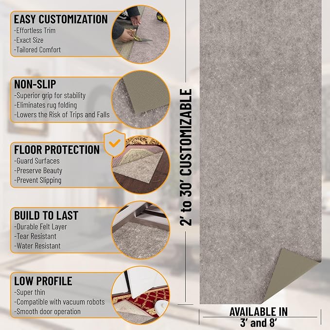 Ottomanson 8' x 11' Non-Slip Rug Pad Gripper 1/4 Inch Thick Dual Surface Felt + - Image 2