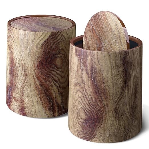 Wood Grain Plastic Trash Can Swing Top Lid, 4Gal/15L Farmhouse Wastebasket Bin by CiaoStilista