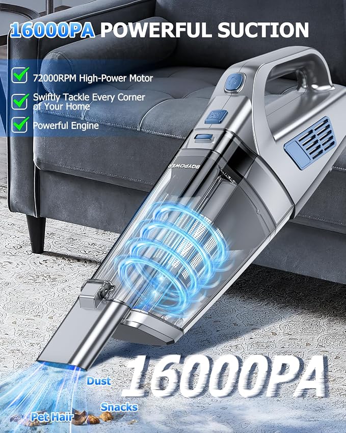 BQYPOWER Handheld Vacuum Cordless, 16000PA Strong Suction Hand Held Vacuum Dust - Image 2