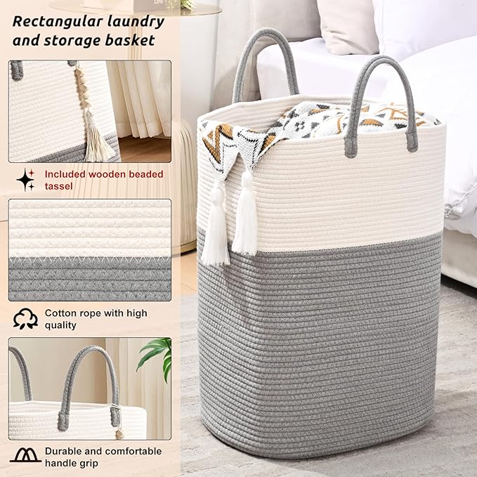Woven Laundry Basket for Clothes, 50L Large Rectangle Laundry Hampers - Image 3