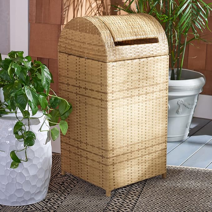 SAFAVIEH Outdoor Collection Mazeli Natural Woven Swing Top Dome Lid Trash Bin - Image 2