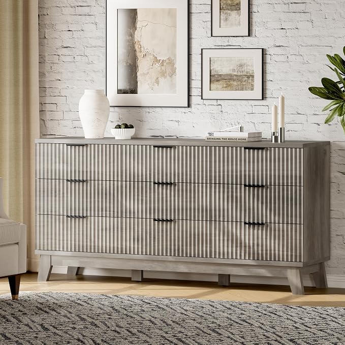 Fluted Dresser with 9 Drawers, Wooden Dresser TV Stand, Wood Closet Clothes - Image 3