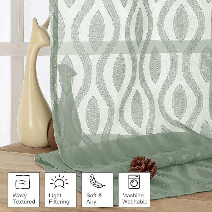 Aiyufeng Sheer Green Curtains 54 Inch Length 2 Panels, Soft Lightweight Clip - Image 2