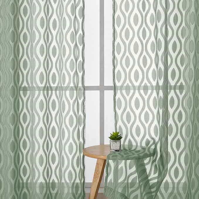 Aiyufeng Green Valance Curtains 14 Inch Length, Chic Wavy Line Clip Jacquard - Image 3