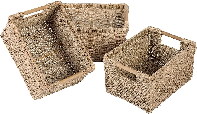 Natural Seagrass Basket with Wooden Handle, Medium Rectuangular Wicker Basket by VATIMA