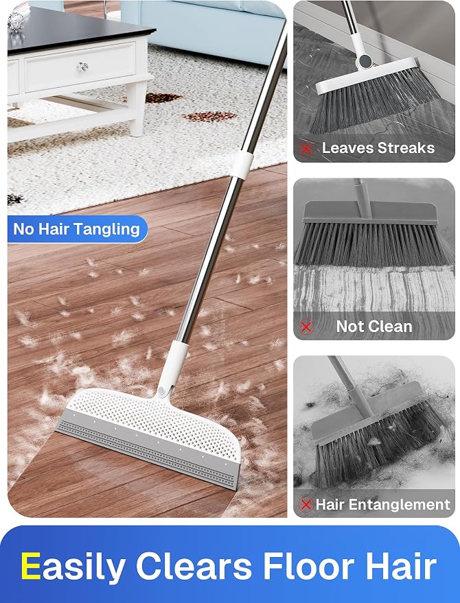 Floor Squeegee & Broom with Long Handle, 180° Rotating Head Silicone Blade - Image 3